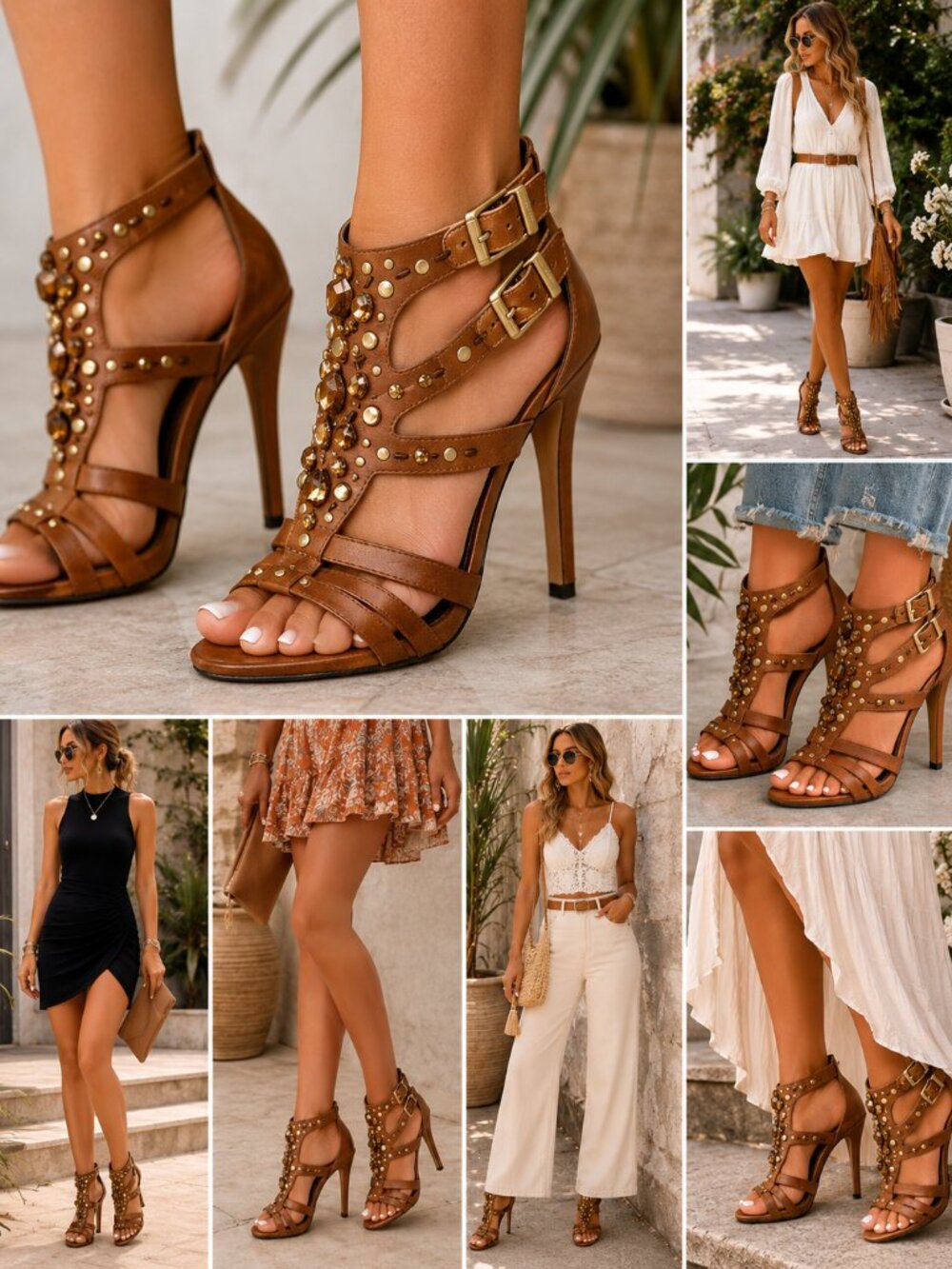 Vince Camuto Brown Strappy Heels with Gold‎ Accents | 7.5 | (A-1517)